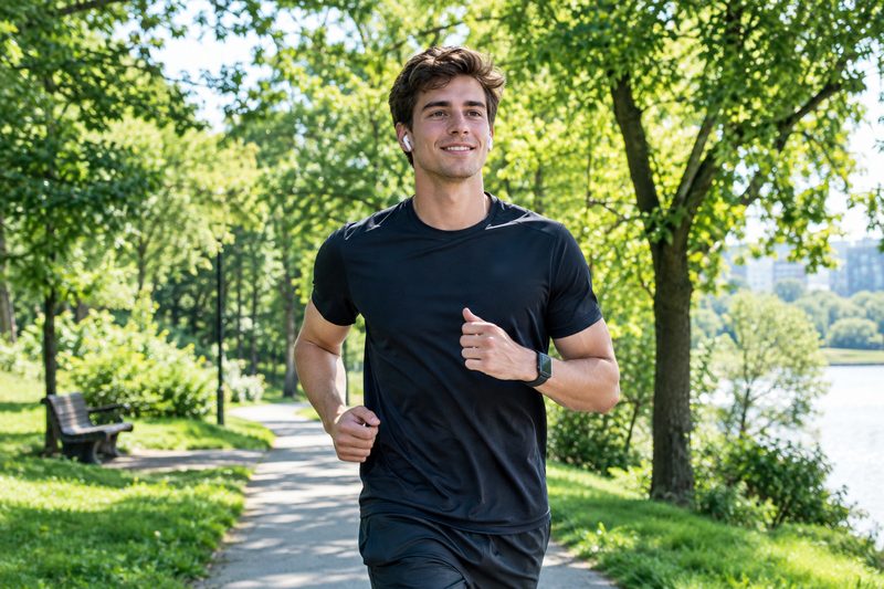 Hombre trotando por un sendero arbolado de un parque