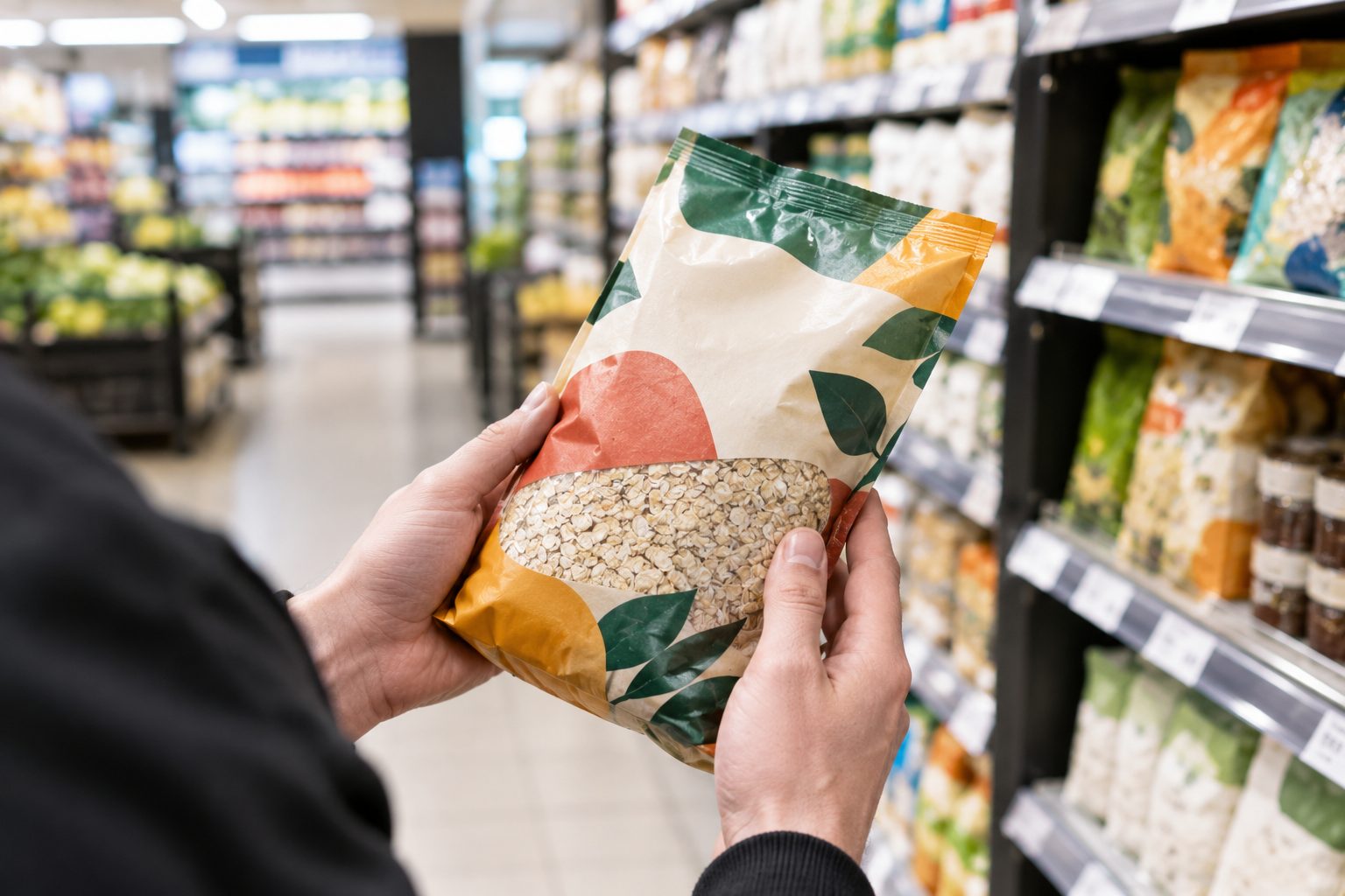 Manos sosteniendo un paquete de avena frente a la estantería de un supermercado
