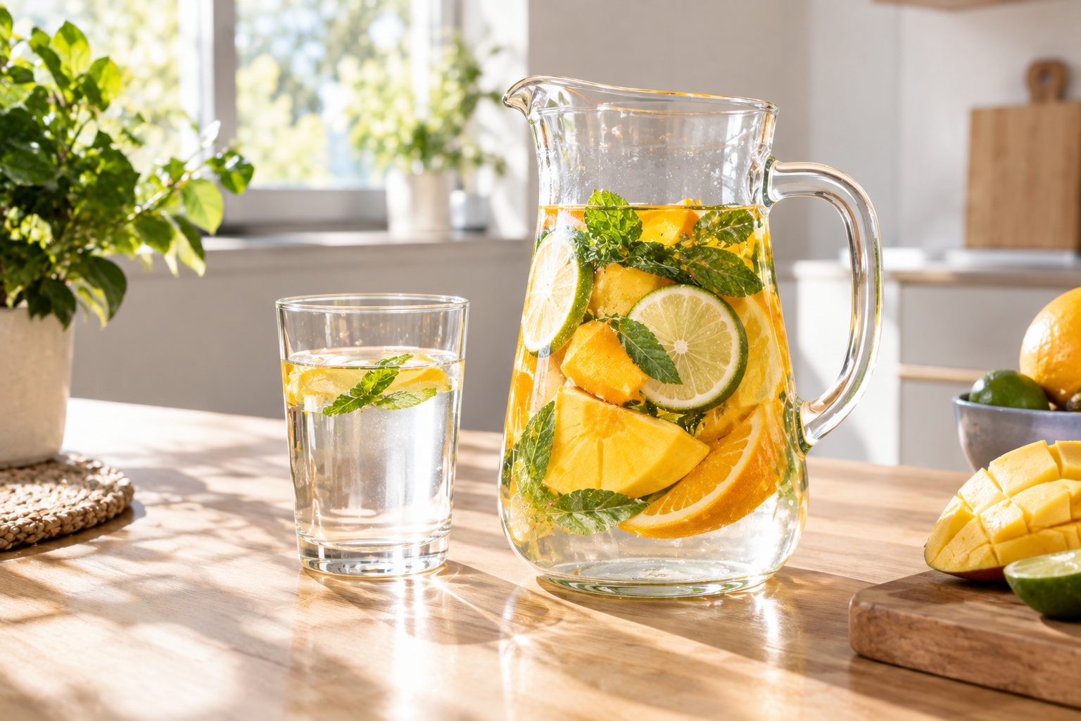Jarra de agua con frutas y hierbabuena junto a un vaso sobre una mesa de madera
