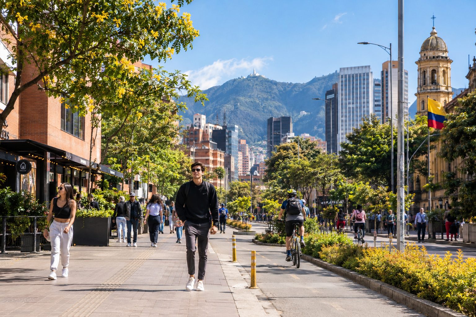 Personas caminando y en bicicleta por una avenida arbolada con montañas al fondo