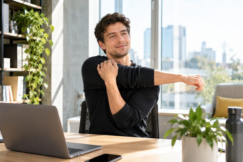 Hombre estirando los hombros frente a su computador portátil en la oficina