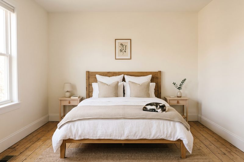 Dormitorio luminoso y ordenado con la cama tendida