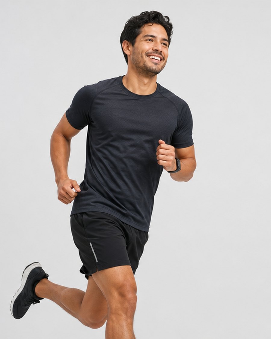 Hombre sonriente corriendo con ropa deportiva